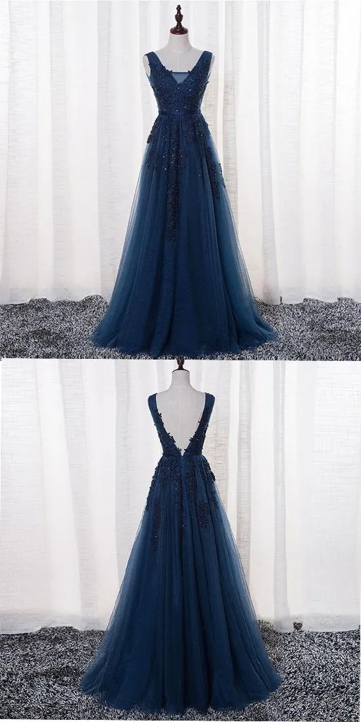 A-line V-neck Beaded Navy Blue Lace Prom Dress ,Cheap Prom Dresses,PDY0411