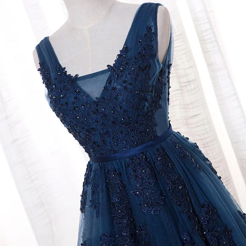 A-line V-neck Beaded Navy Blue Lace Prom Dress ,Cheap Prom Dresses,PDY0411