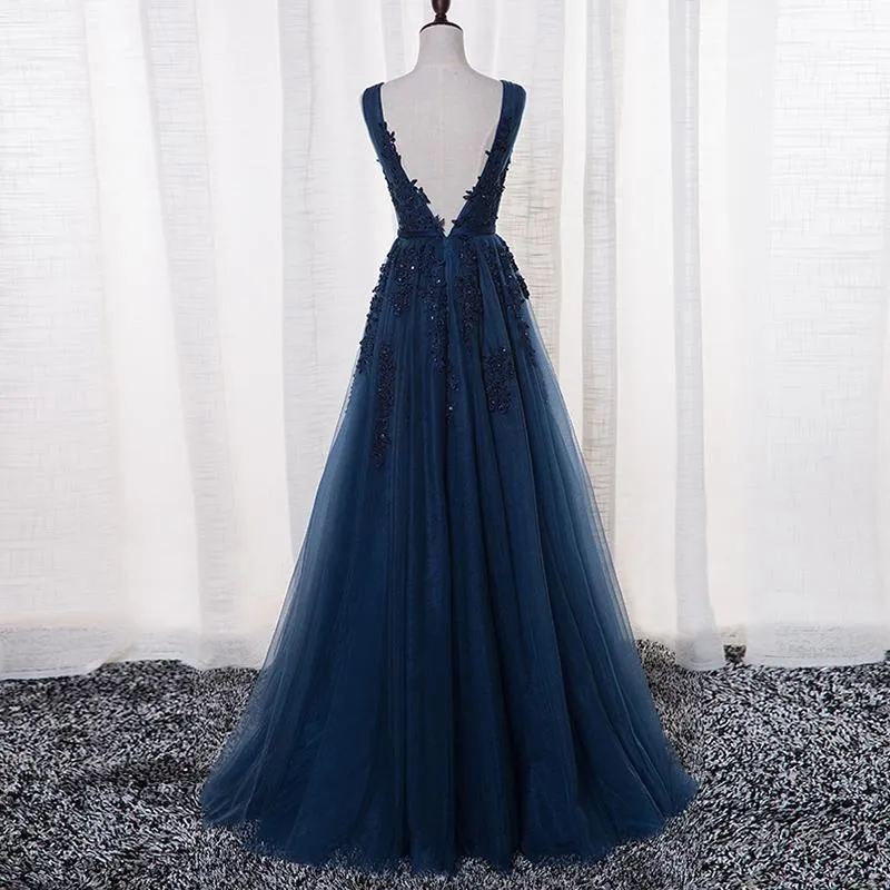 A-line V-neck Beaded Navy Blue Lace Prom Dress ,Cheap Prom Dresses,PDY0411