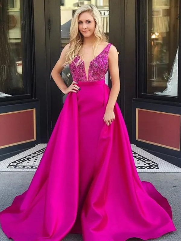 A-line V-neck Beaded Pink Satin Prom Dresses,Cheap Prom Dresses,PDY0477