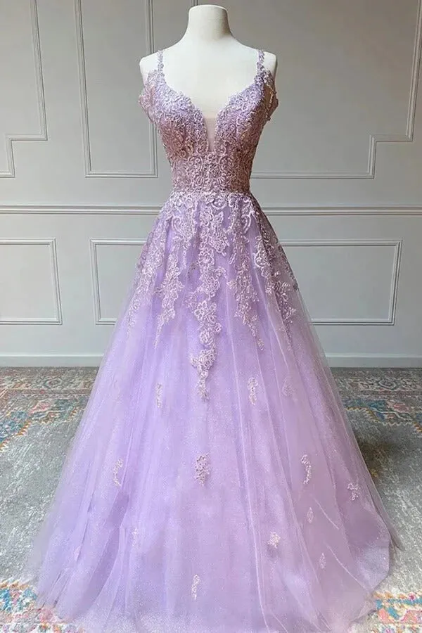 A-line V-neck Lilac Tulle Prom Dresses With Lace Appliques, Evening Dresses,BD930714