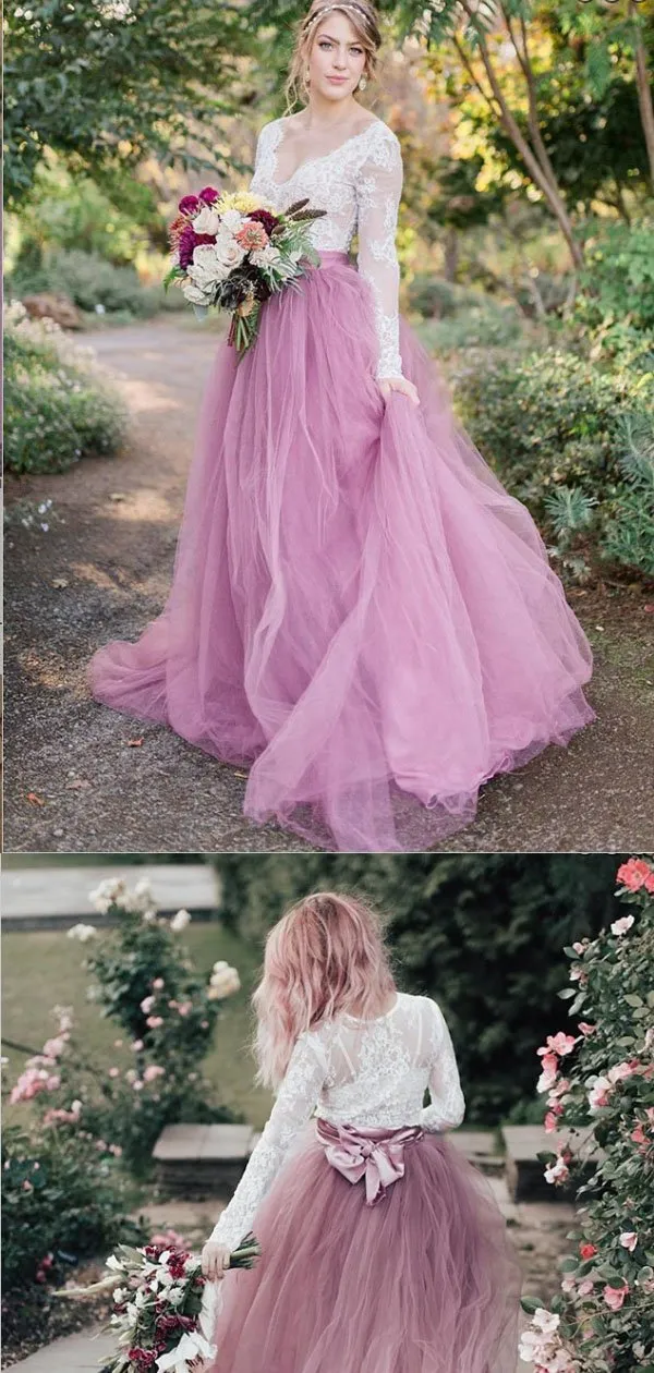 A-Line V-Neck Long Sleeves Pink Tulle Wedding Dresses,Cheap Wedding Dresses, WDY0287