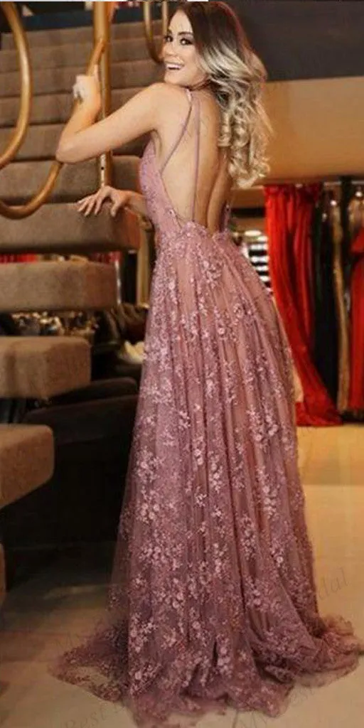 A-line V-neck Pink Lace Evening Dresses ,Cheap Prom Dresses,PDY0591