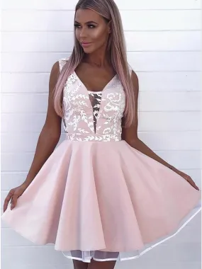 A-Line V-Neck Pink Satin Lace Homecoming Dresses ,Short Prom Dresses,BDY0280