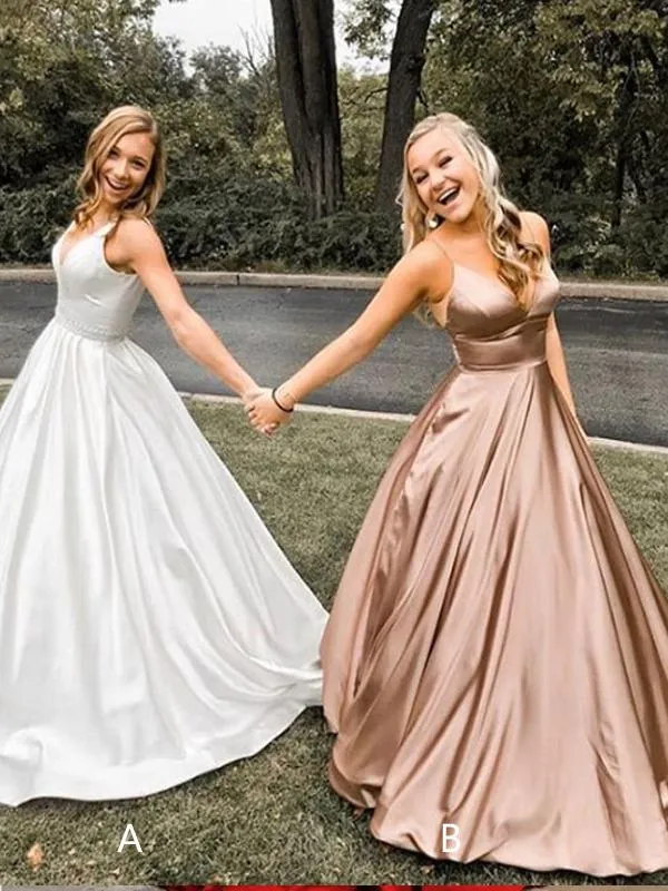 A-Line V-neck Spaghetti Straps Rose Gold Satin Prom Dresses ,Cheap Prom Dresses,PDY0457