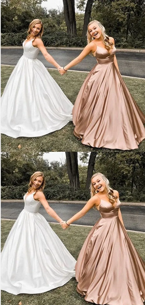 A-Line V-neck Spaghetti Straps Rose Gold Satin Prom Dresses ,Cheap Prom Dresses,PDY0457