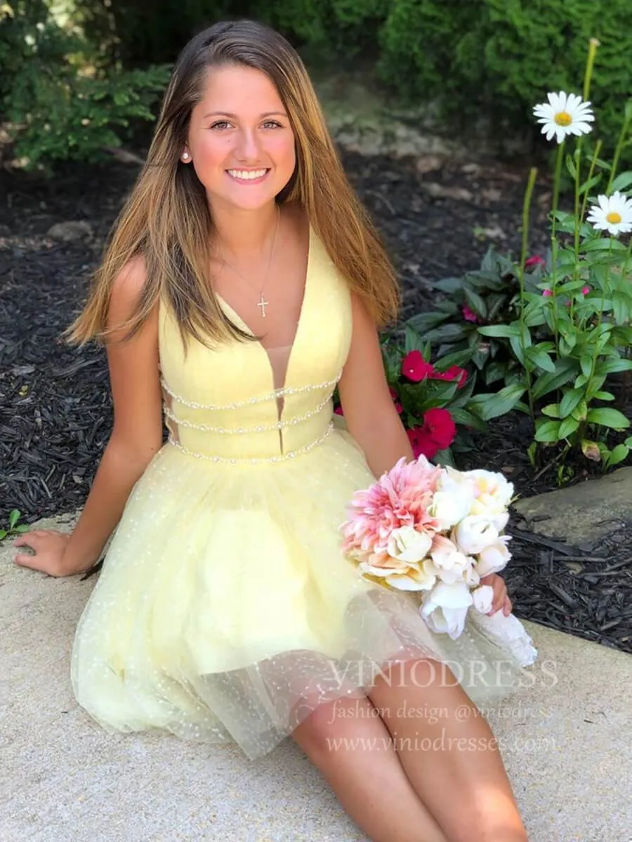 A-line V Neck Yellow Sequin Homecoming Dresses with Sparkles SD1213