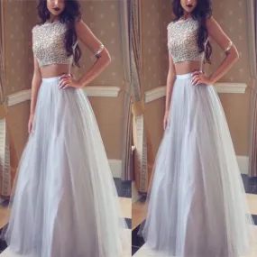 A-line White Two Piece Prom Dresses With Beaded/Beading Sleeveless,Evening Party Dress,PDY0276