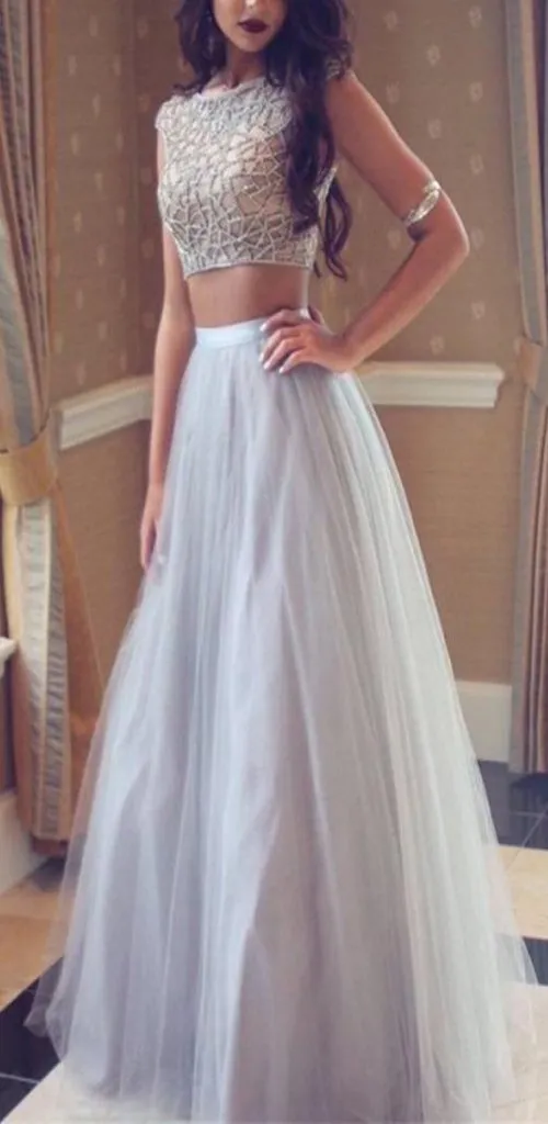 A-line White Two Piece Prom Dresses With Beaded/Beading Sleeveless,Evening Party Dress,PDY0276