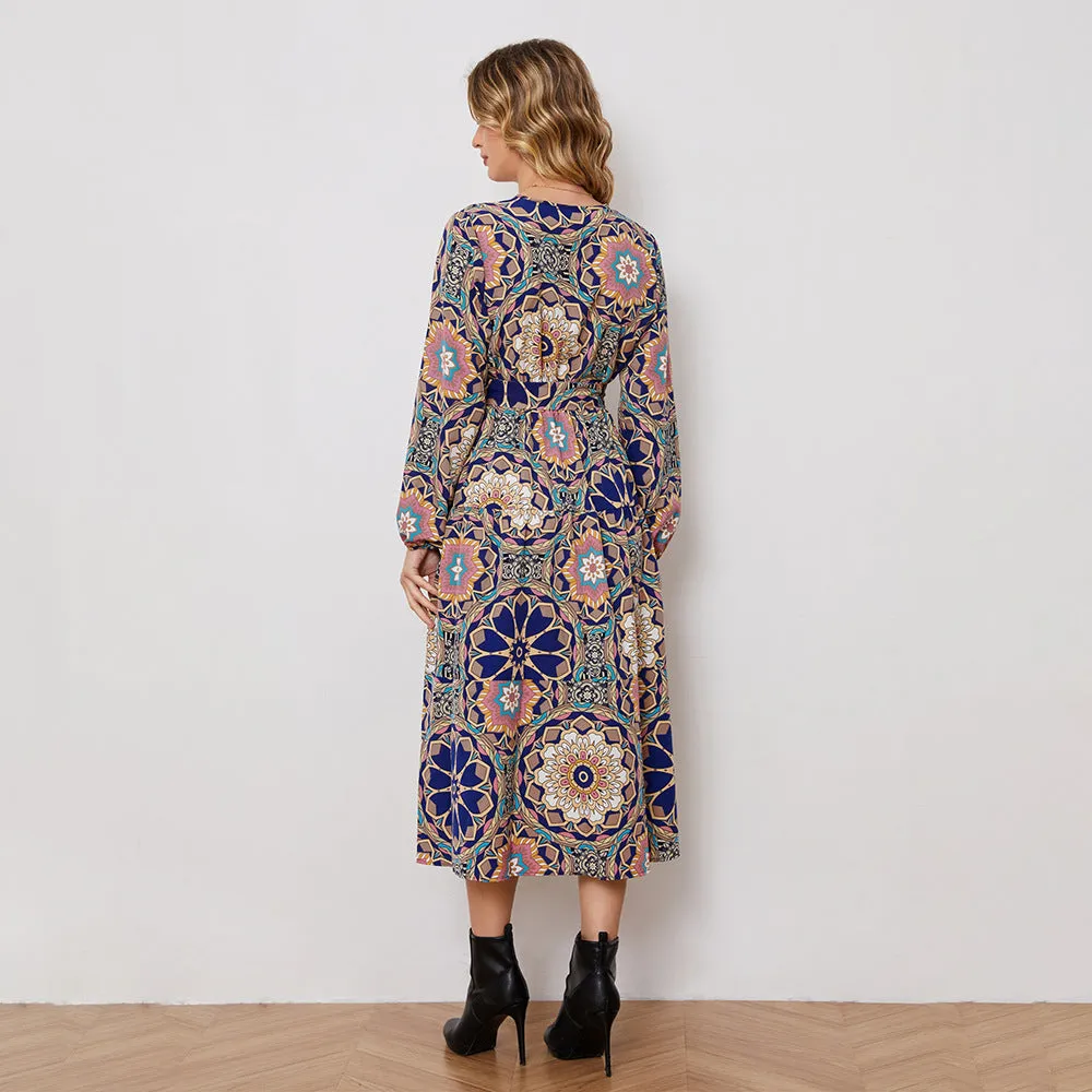 Abstract Print Lace-Up Long Sleeve Mid-Length Shirt Dress Wholesale Dresses