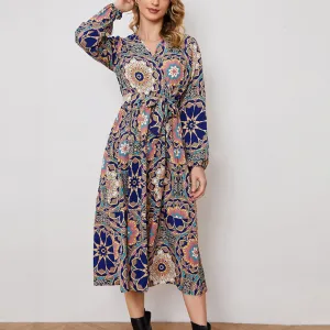 Abstract Print Lace-Up Long Sleeve Mid-Length Shirt Dress Wholesale Dresses