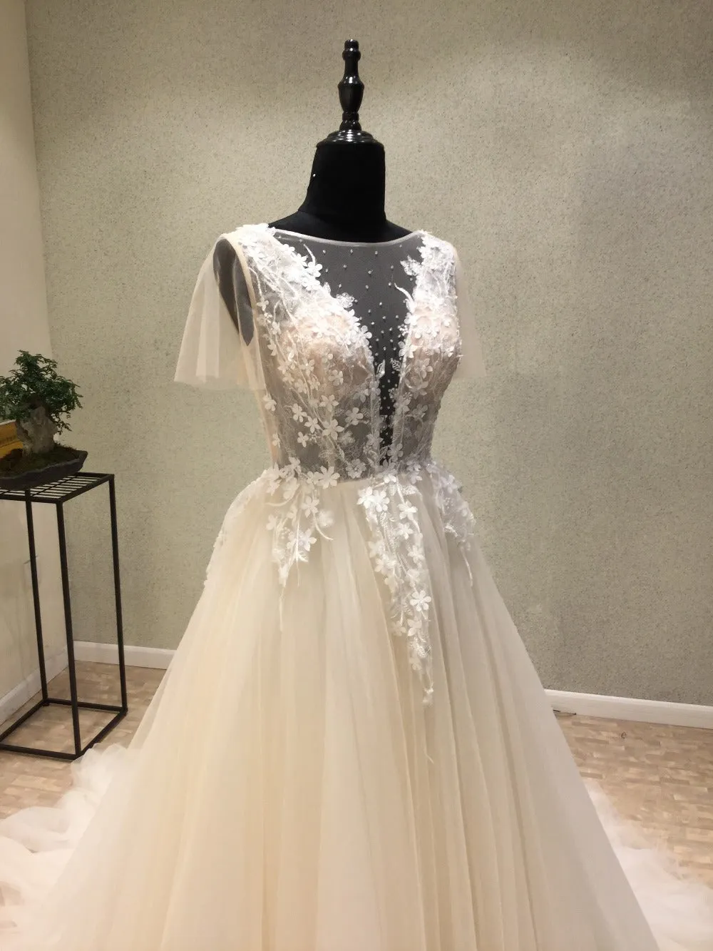 Affordable Short Sleeves V Back Elegant Long Wedding Dresses, WG1230