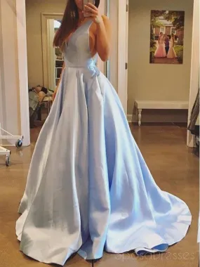 Affordable Simple V Neck A line Light Blue Satin Long Evening Prom Dresses, 17463