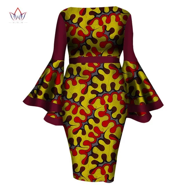 2020 African Womens Summer Dress - Sexy Mid-Calf Print Wax Dress with Speaker Sleeves and Bazin Riche Fabric