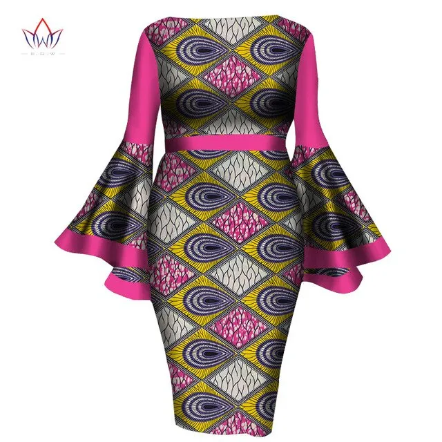 2020 African Womens Summer Dress - Sexy Mid-Calf Print Wax Dress with Speaker Sleeves and Bazin Riche Fabric