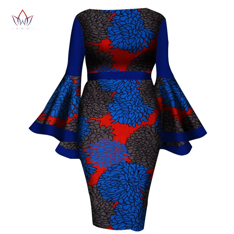 2020 African Womens Summer Dress - Sexy Mid-Calf Print Wax Dress with Speaker Sleeves and Bazin Riche Fabric