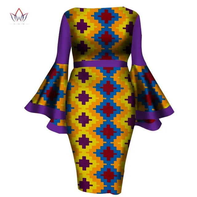 2020 African Womens Summer Dress - Sexy Mid-Calf Print Wax Dress with Speaker Sleeves and Bazin Riche Fabric