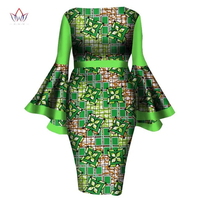 2020 African Womens Summer Dress - Sexy Mid-Calf Print Wax Dress with Speaker Sleeves and Bazin Riche Fabric