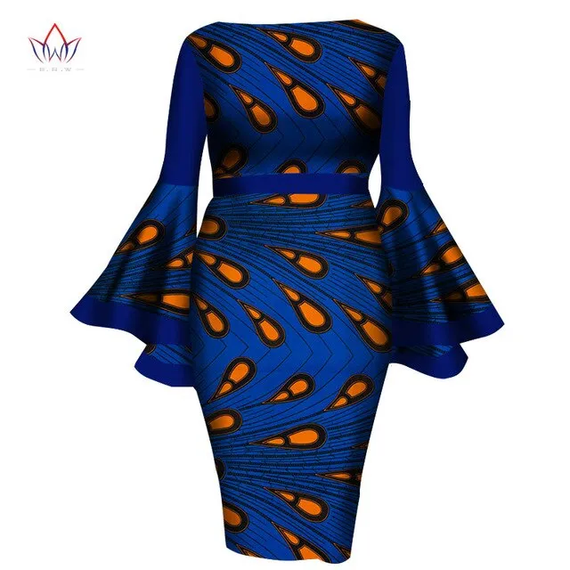 2020 African Womens Summer Dress - Sexy Mid-Calf Print Wax Dress with Speaker Sleeves and Bazin Riche Fabric