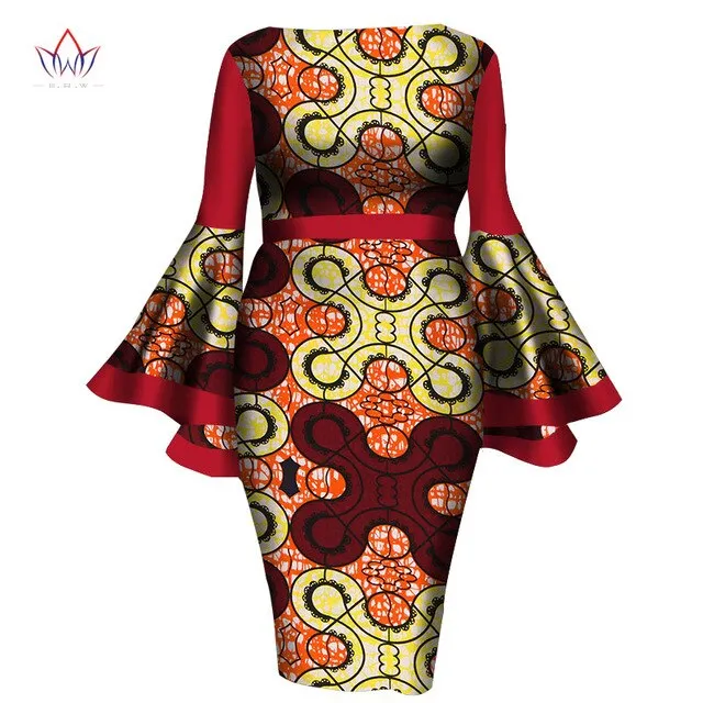 2020 African Womens Summer Dress - Sexy Mid-Calf Print Wax Dress with Speaker Sleeves and Bazin Riche Fabric