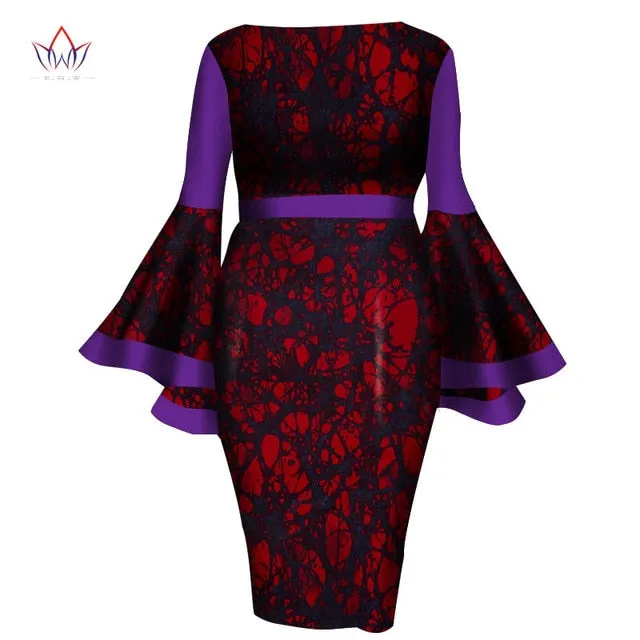 2020 African Womens Summer Dress - Sexy Mid-Calf Print Wax Dress with Speaker Sleeves and Bazin Riche Fabric