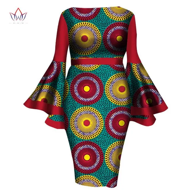 2020 African Womens Summer Dress - Sexy Mid-Calf Print Wax Dress with Speaker Sleeves and Bazin Riche Fabric