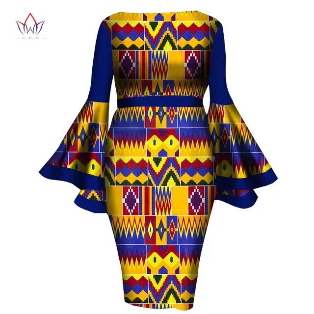 2020 African Womens Summer Dress - Sexy Mid-Calf Print Wax Dress with Speaker Sleeves and Bazin Riche Fabric