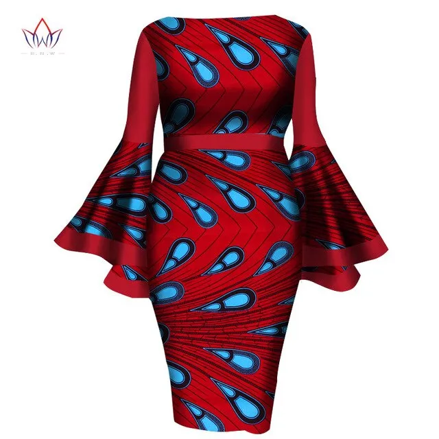 2020 African Womens Summer Dress - Sexy Mid-Calf Print Wax Dress with Speaker Sleeves and Bazin Riche Fabric