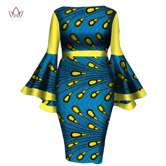 2020 African Womens Summer Dress - Sexy Mid-Calf Print Wax Dress with Speaker Sleeves and Bazin Riche Fabric