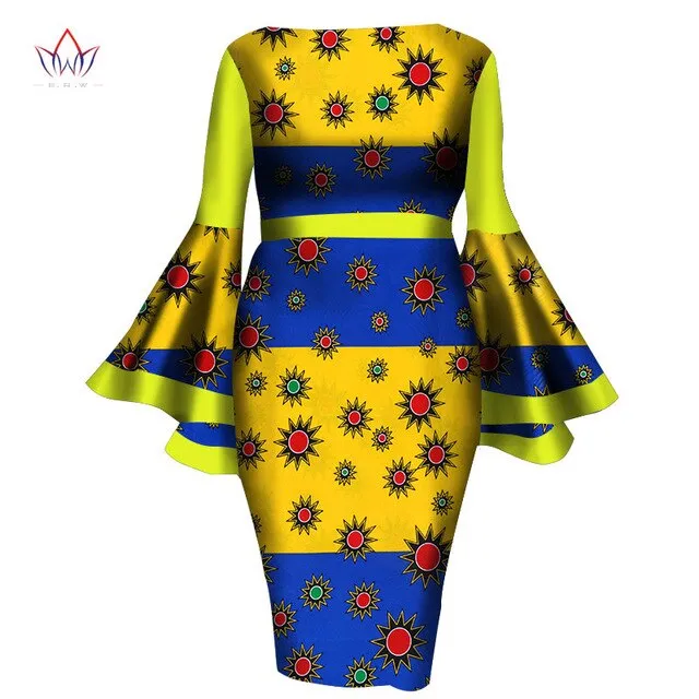 2020 African Womens Summer Dress - Sexy Mid-Calf Print Wax Dress with Speaker Sleeves and Bazin Riche Fabric