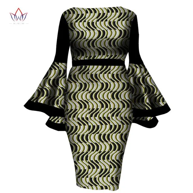 2020 African Womens Summer Dress - Sexy Mid-Calf Print Wax Dress with Speaker Sleeves and Bazin Riche Fabric