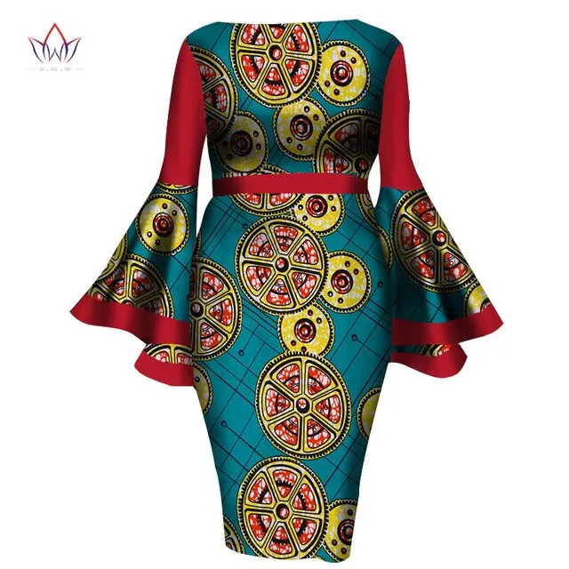 2020 African Womens Summer Dress - Sexy Mid-Calf Print Wax Dress with Speaker Sleeves and Bazin Riche Fabric