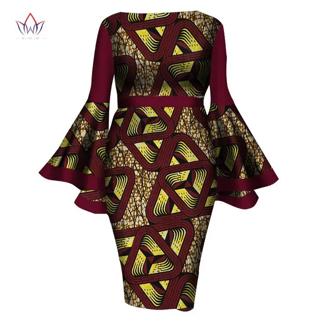 2020 African Womens Summer Dress - Sexy Mid-Calf Print Wax Dress with Speaker Sleeves and Bazin Riche Fabric