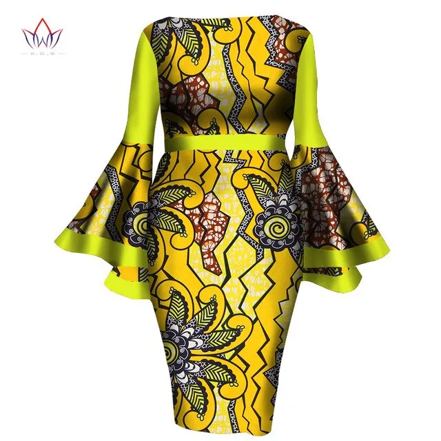 2020 African Womens Summer Dress - Sexy Mid-Calf Print Wax Dress with Speaker Sleeves and Bazin Riche Fabric