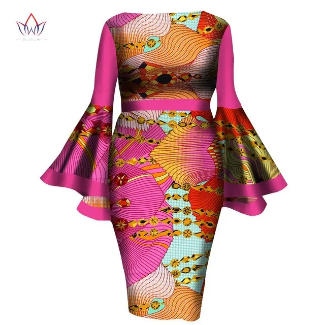 2020 African Womens Summer Dress - Sexy Mid-Calf Print Wax Dress with Speaker Sleeves and Bazin Riche Fabric