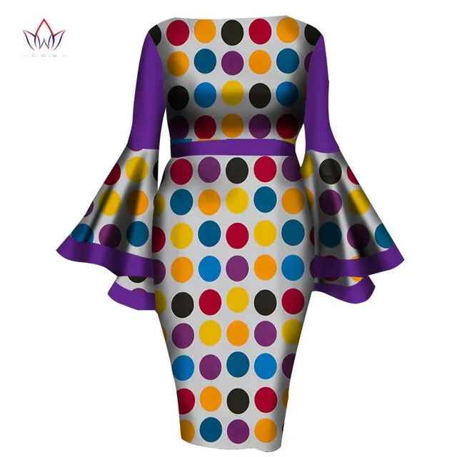 2020 African Womens Summer Dress - Sexy Mid-Calf Print Wax Dress with Speaker Sleeves and Bazin Riche Fabric