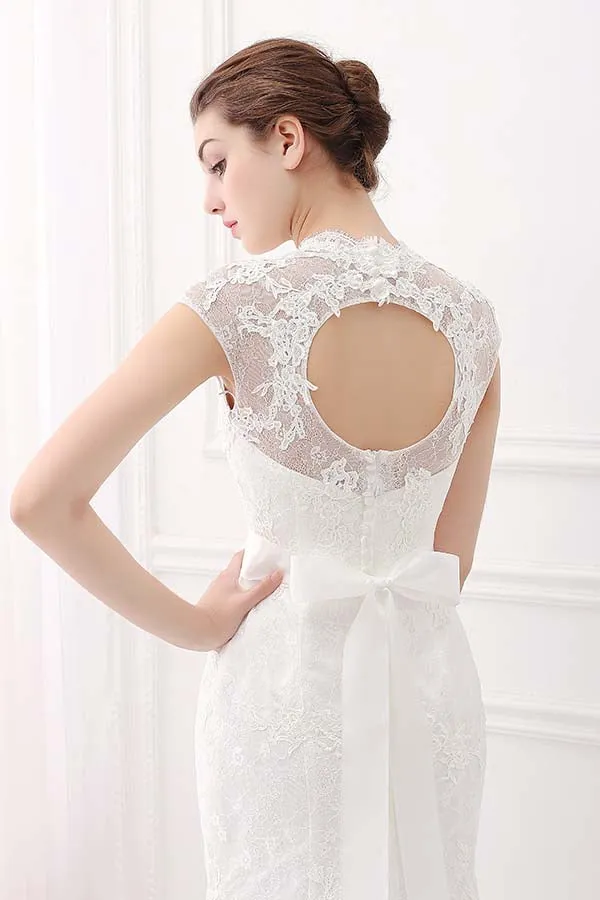 Alfa Bridal Ivory V-Neck Cap Sleeves Belt Mermaid Vintage Lace Wedding Dresses (AW004)