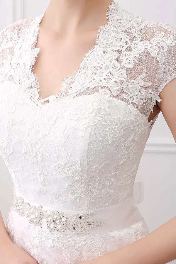 Alfa Bridal Ivory V-Neck Cap Sleeves Belt Mermaid Vintage Lace Wedding Dresses (AW004)