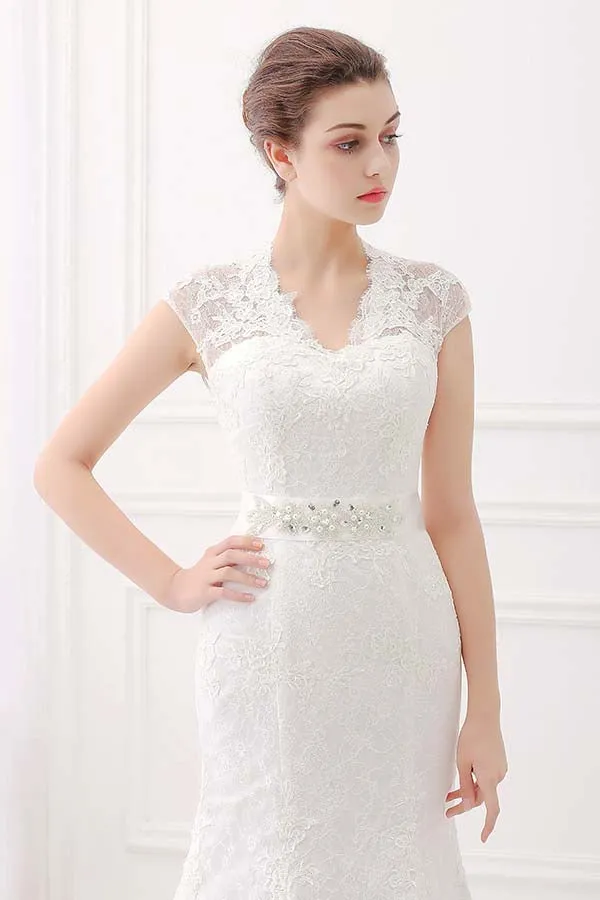 Alfa Bridal Ivory V-Neck Cap Sleeves Belt Mermaid Vintage Lace Wedding Dresses (AW004)