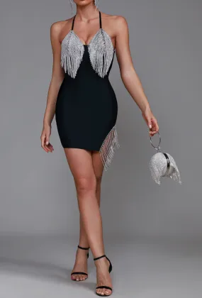 ALTIN Halter Neck Crystal Fringe Bandage Dress