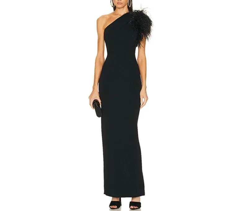 ALVE One Shoulder Feathers Maxi Bandage Dresses