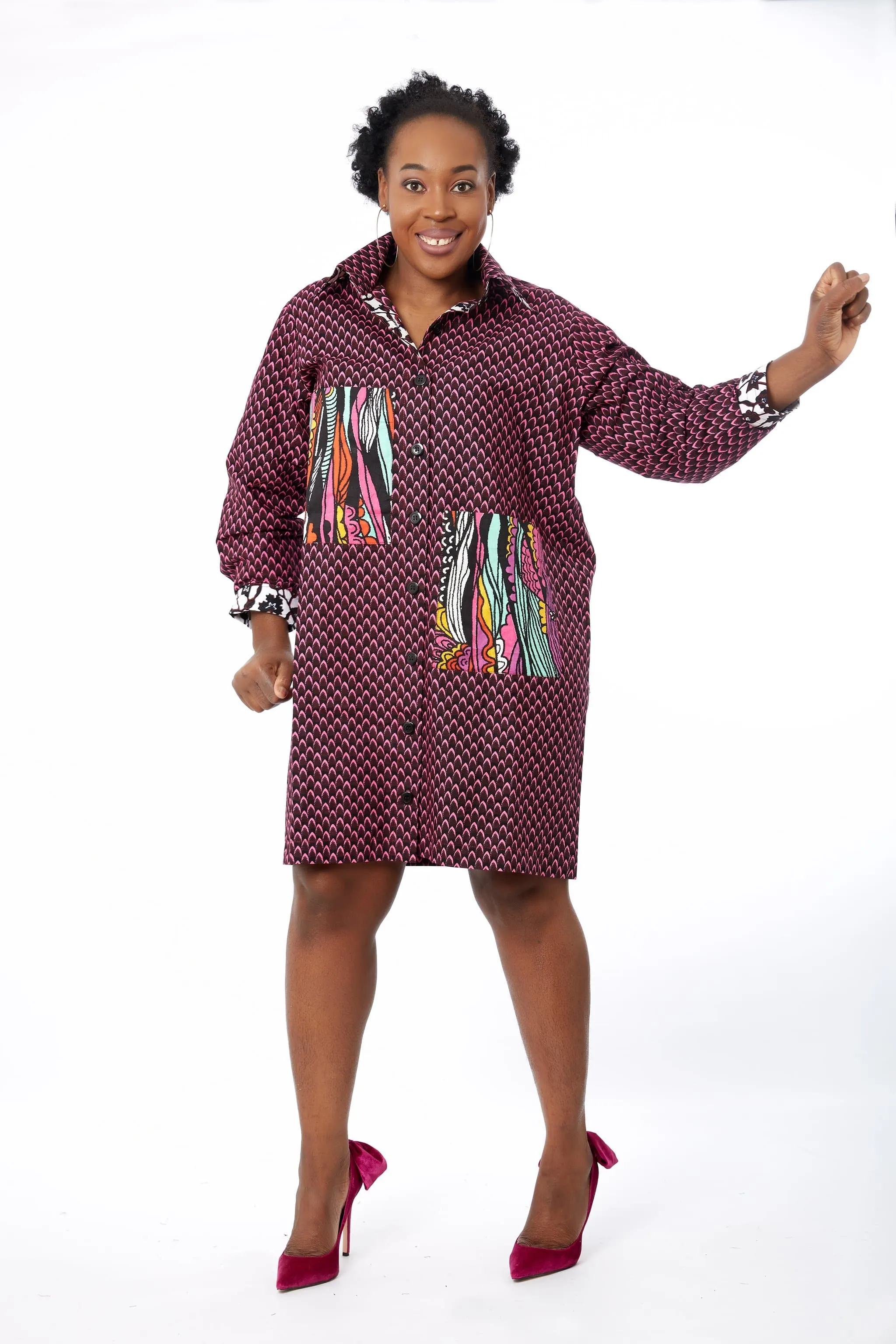 Amina - African Ankara Print Cut out Shift Shirt Dress