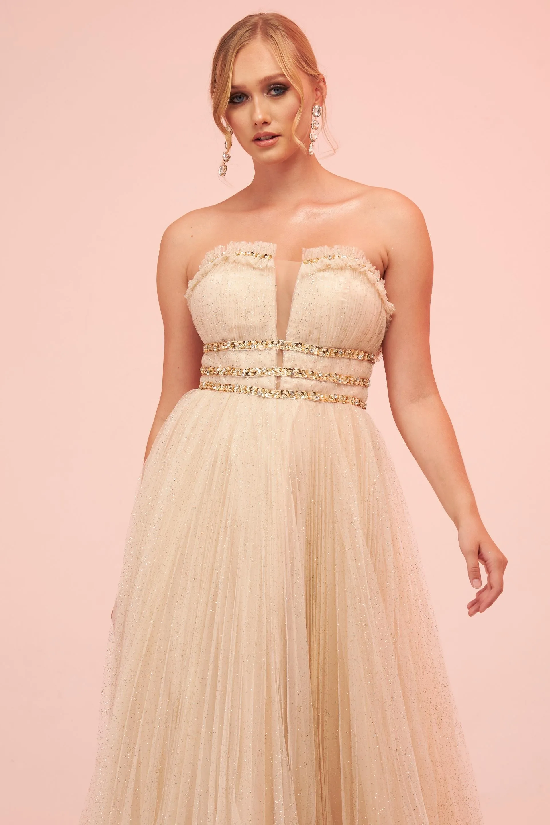 Angelino Beige Strapless Backless Tulle Engagement Dress