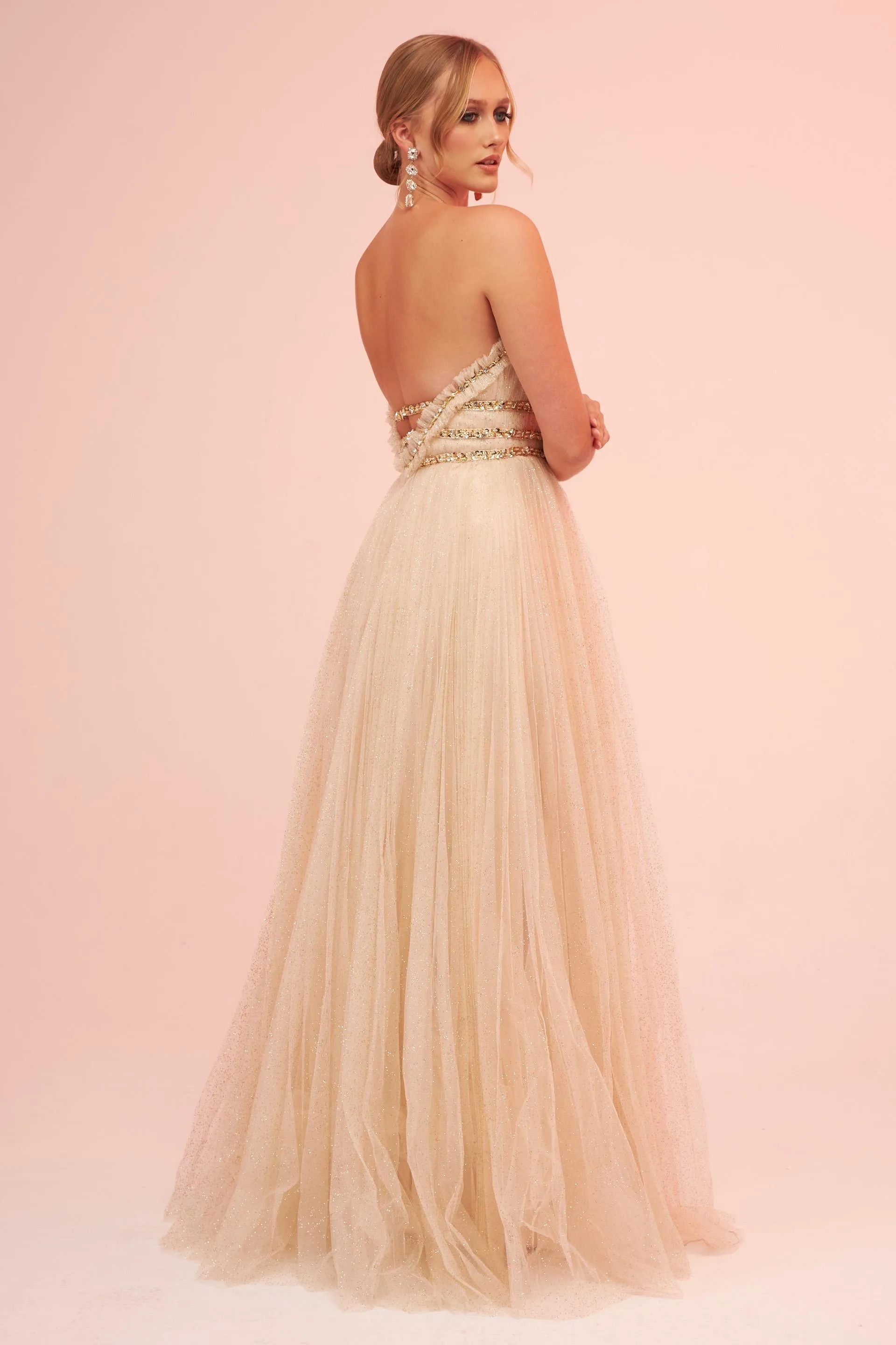 Angelino Beige Strapless Backless Tulle Engagement Dress