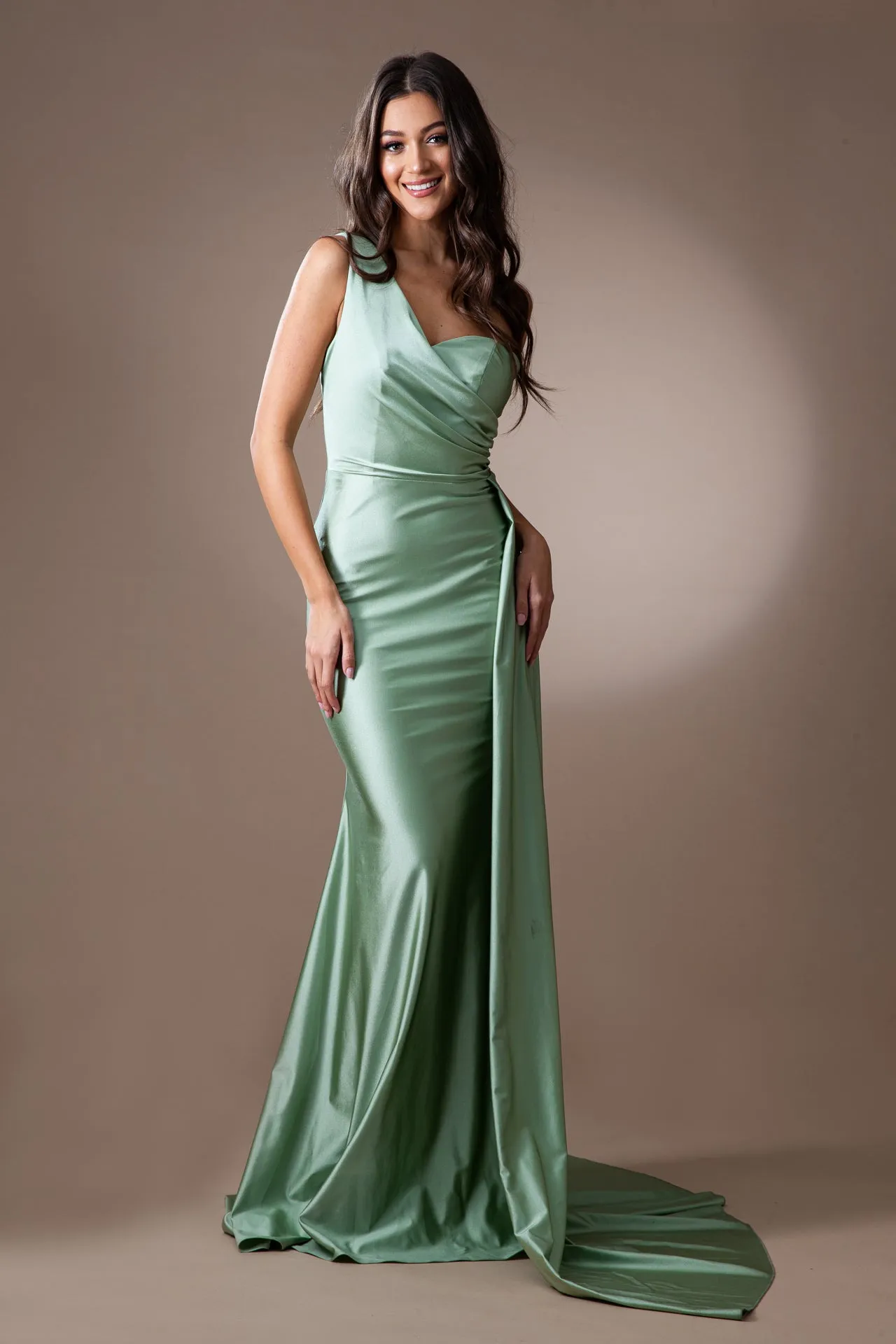 AURORA One Shoulder Bridesmaids Maxi Dress with Side Train - Sage Green