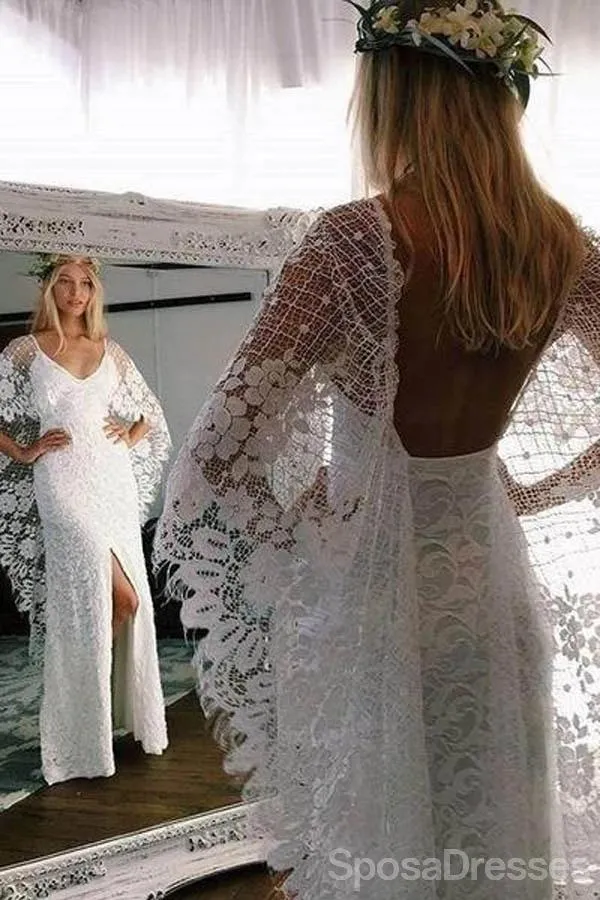 Backless Side Slit Lace Mermaid Cheap Wedding Dresses Online, Cheap Unique Bridal Dresses, WD588