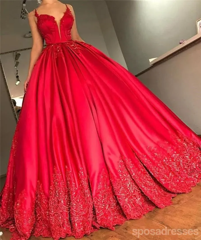 Backless Spaghetti Straps V Neck Red A-line Long Evening Prom Dresses, 17639