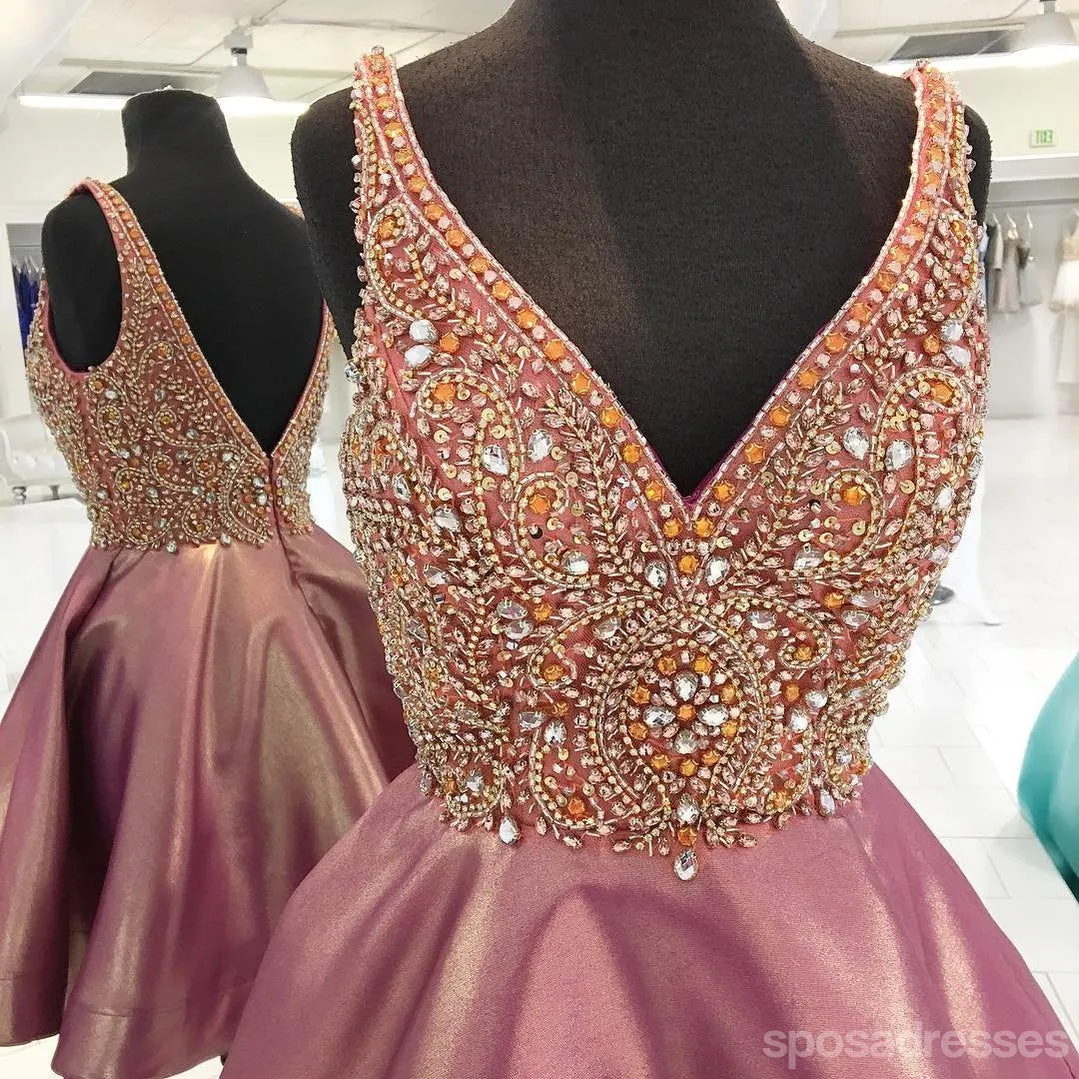 Backless V Neck Heavily Beaded Dusty Pink Homecoming Dresses, CM449