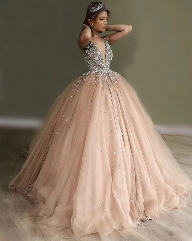 Ball Gown Princess Prom Dresses Beaded V Neck