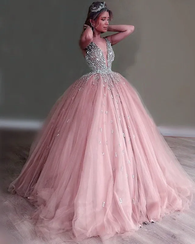 Ball Gown Princess Prom Dresses Beaded V Neck